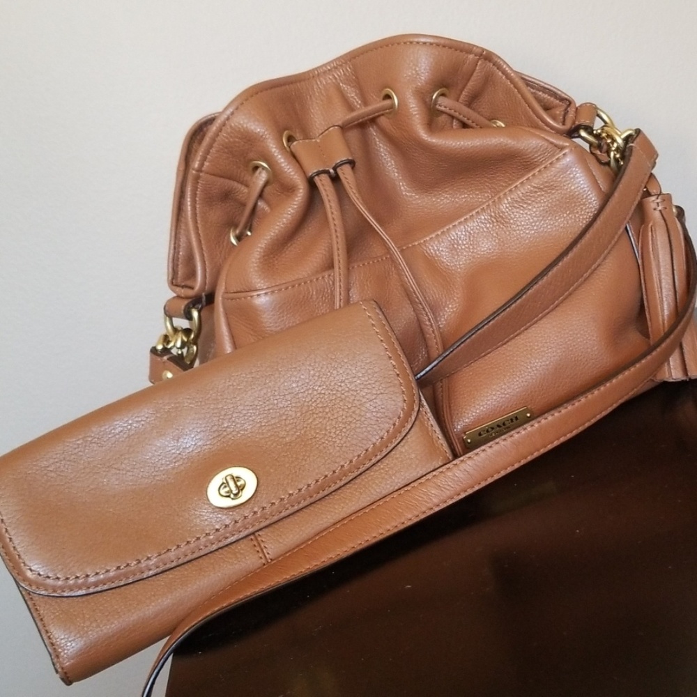 Coach tote with drawstring and matching wallet